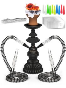Hookah Set 2 Hose Hookah LilOne 12' Black Mini Hookah 2 Hose Hookah Set with 50x Foil Hookah Bowl 10x Tips 2x Mouthpiece 2x Hookah Hose Tongs Por